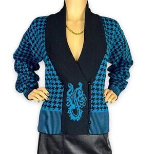 Teal vintage cardigan sweater houndstooth